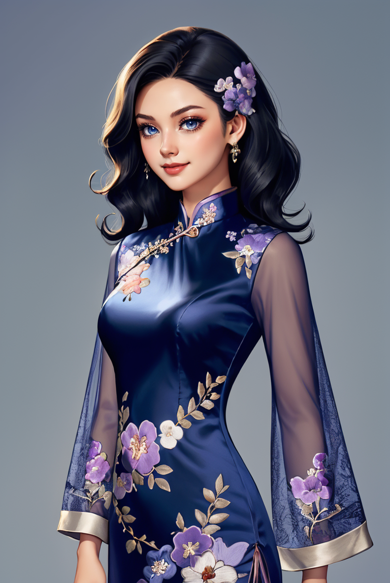 00172-Concept Art for Video Games cowboy shot, (black wavy hair_1.3), woman,  smile, ch30ngs4m_1,  blue long silk cheongsam, silver an.png